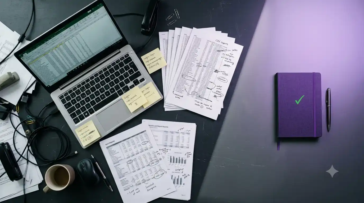 An overhead view of a cluttered desk with a laptop showing a sprawling spreadsheet, fanned-out printed reports covered in hand corrections, and login sticky notes, contrasted against a clean violet notebook marked with a green check on the empty right side.
