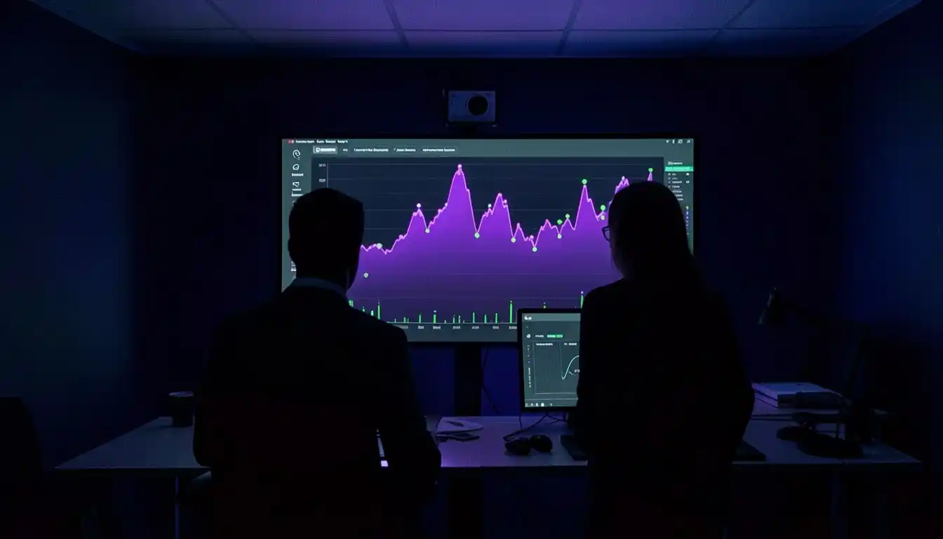 An analyst silhouetted in a dim operations room studying a large wall screen where a solid historical trend line extends into a shaded forecast band.