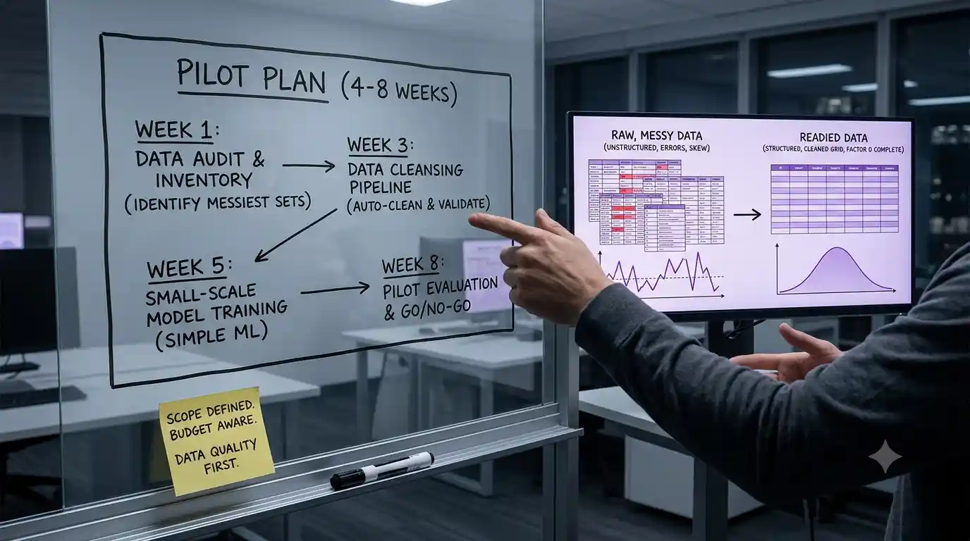 A glass whiteboard mapping a four-to-eight-week AI pilot plan across weeks 1, 3, 5 and 8, with a person pointing to a wall screen that contrasts raw messy data against a cleaned, structured dataset.