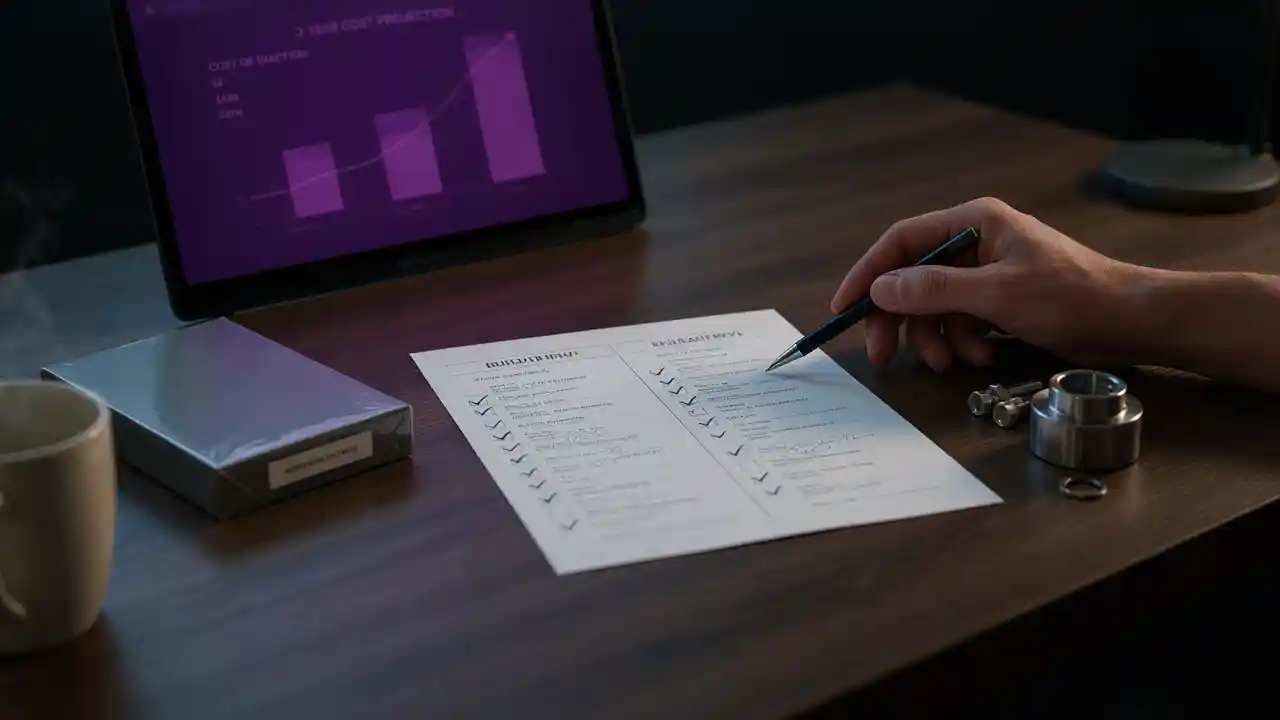 A hand holding a pen over a two-column build-versus-buy checklist on a dark wooden desk, with a laptop behind it showing a rising three-year cost projection chart in violet.