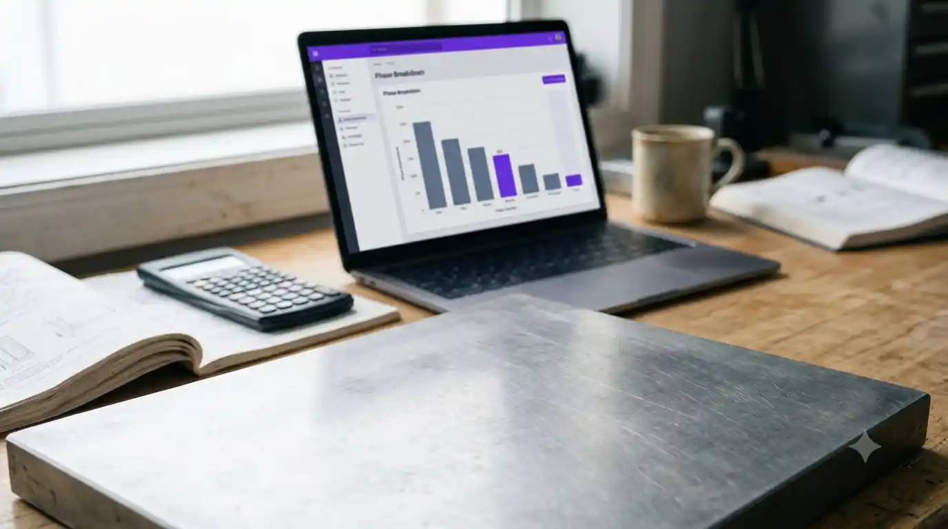 A laptop on a sunlit wooden desk displaying a phase-breakdown bar chart with one bar highlighted in violet, alongside a calculator, an open notebook of estimates and a coffee mug.