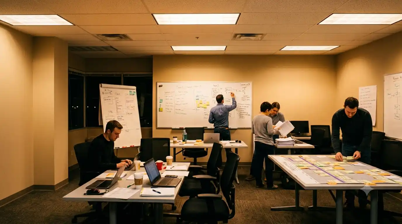 An evening project war room where one person writes on a whiteboard phase plan, two colleagues review printed documents, and another moves sticky notes across a large timeline laid out on a table.