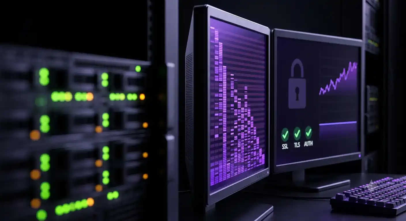 A dark developer workstation with one monitor showing a fast page-load waterfall and another showing a secure-connection panel and a flat autoscaling graph under rising load.