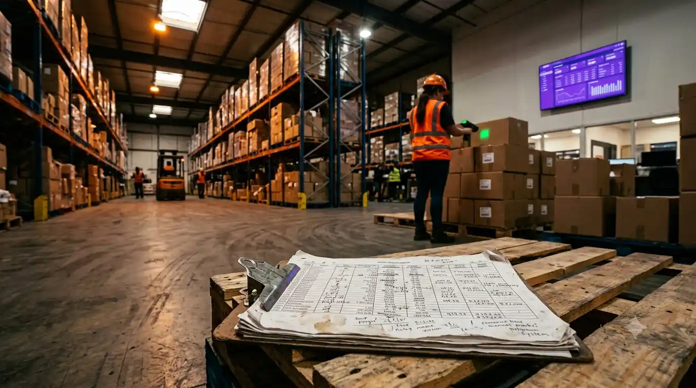 A worn paper stock sheet on a clipboard resting on a warehouse pallet in the foreground, while behind it a worker scans a carton and a wall-mounted screen shows a unified inventory dashboard.