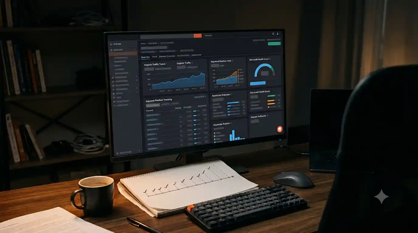 A monitor in a dim study showing an SEO dashboard with a gradually climbing organic traffic trend, keyword position tracking and a site health score, with an open notebook below charting steady month-by-month progress.