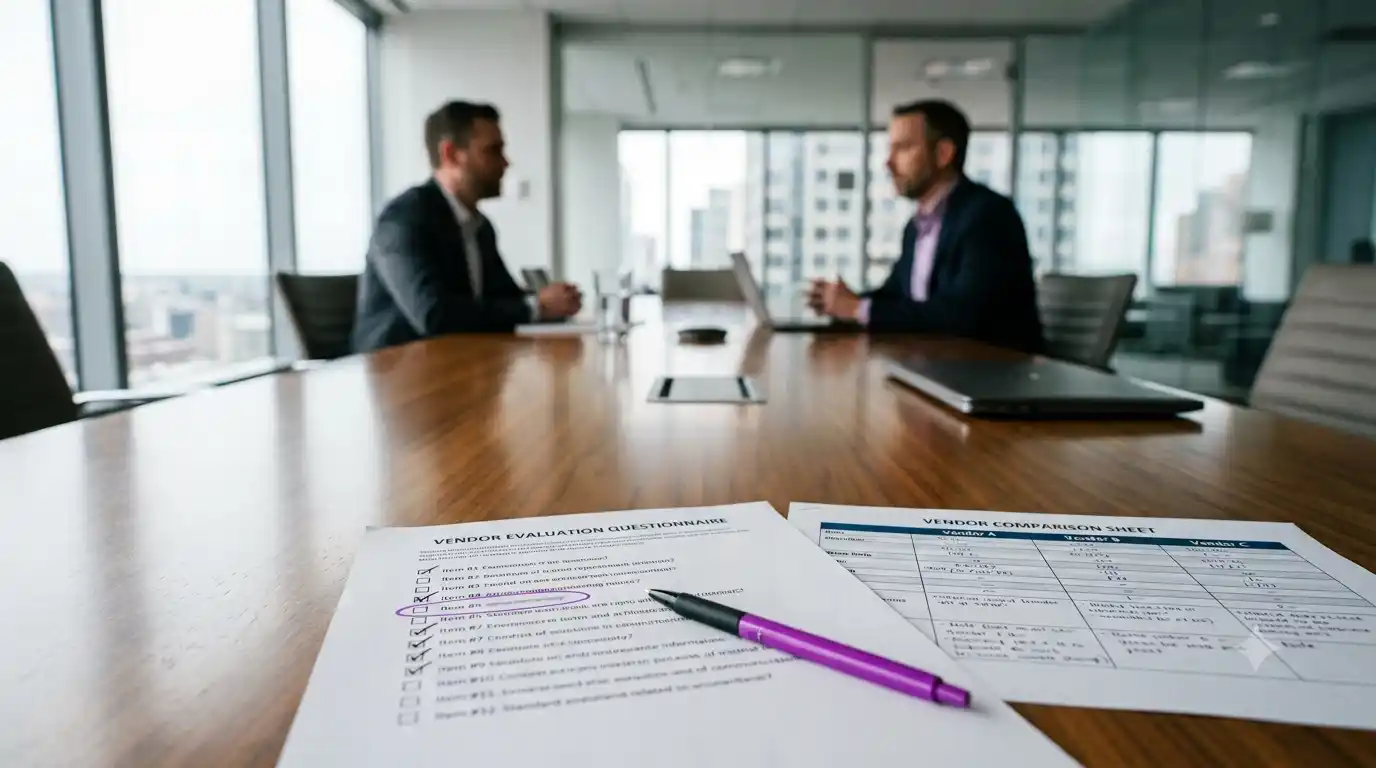 A vendor evaluation questionnaire and a three-column vendor comparison sheet in sharp focus on a boardroom table, a pen resting across them, with two out-of-focus vendor representatives seated opposite.