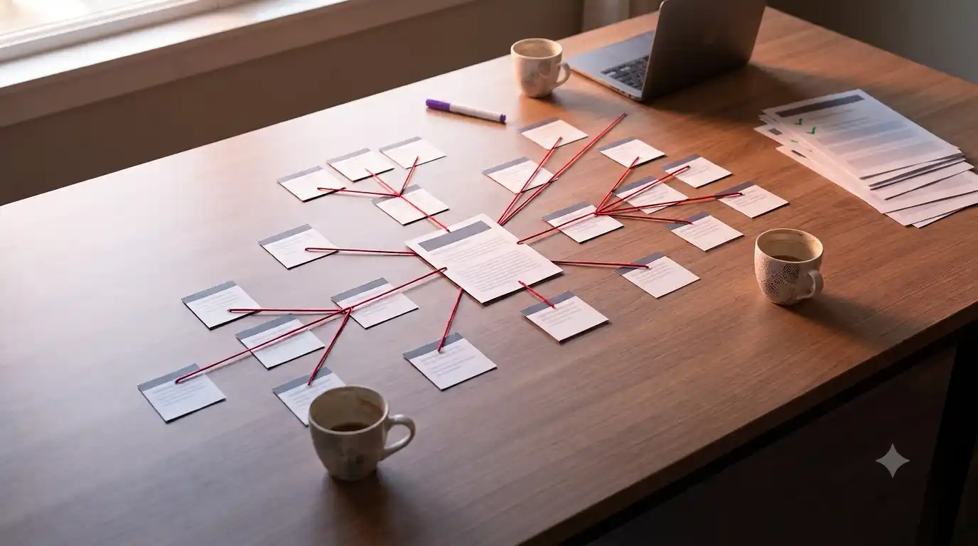 A wooden desk in window light holding a content-cluster map: a central pillar-page card linked by red string to a ring of satellite topic cards, with a laptop and a stack of checked-off reports at the far edge.