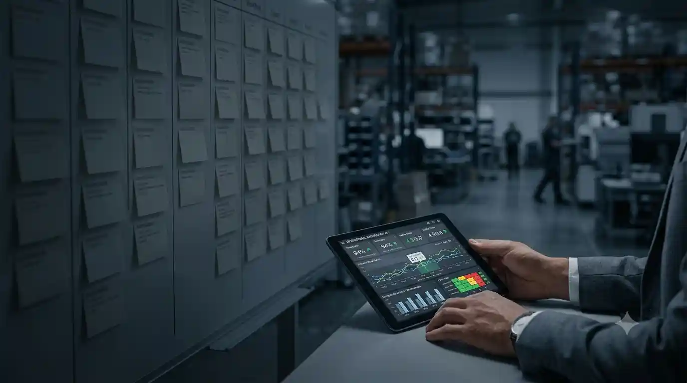 A manager on a factory floor holding a tablet showing a focused operations dashboard with uptime and quality metrics, standing beside a large planning board densely covered in process cards.