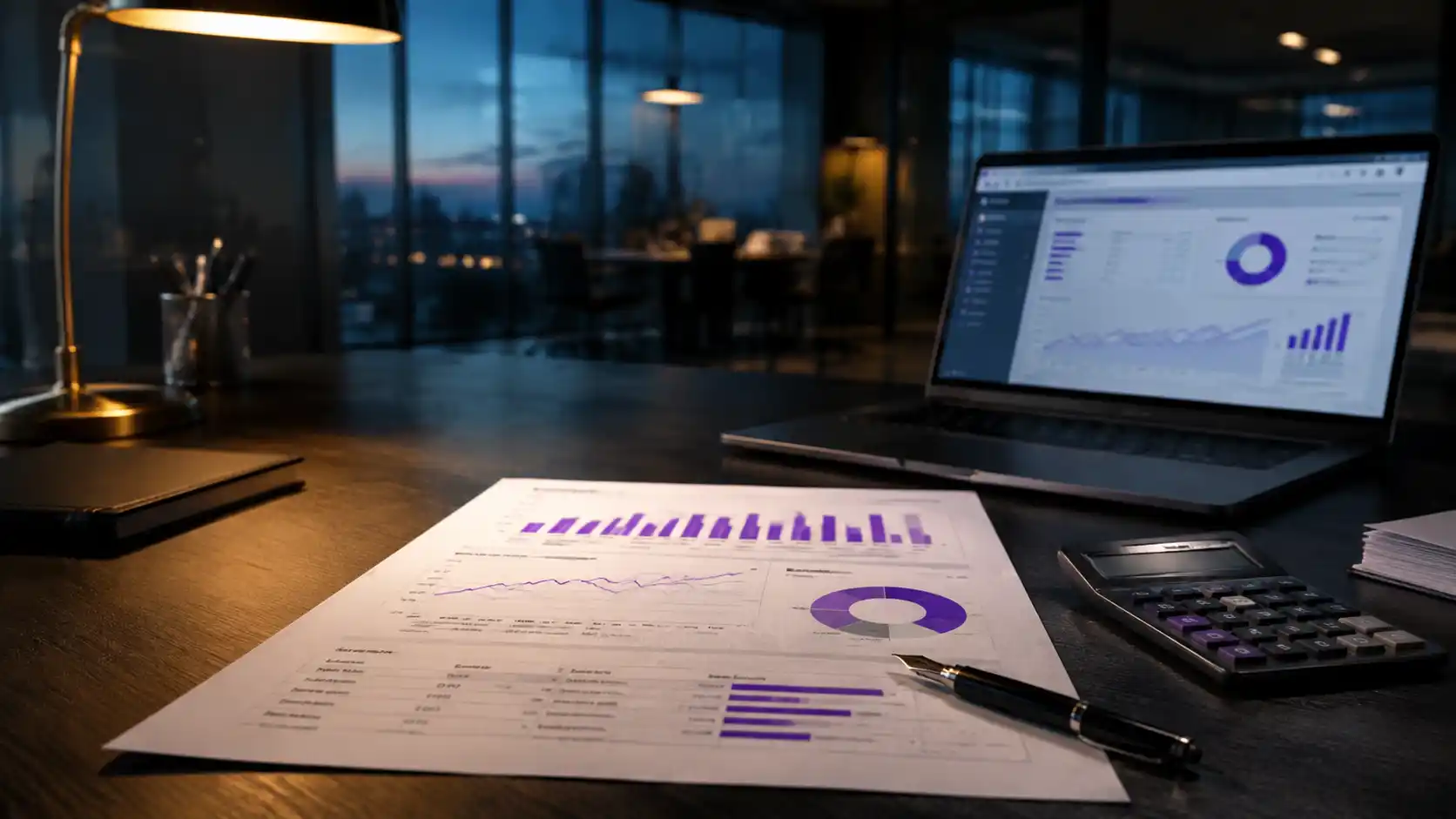 A finance executive's desk at dusk with a printed SEO performance report, charts, a calculator and a fountain pen, seen through a glass-walled meeting room.