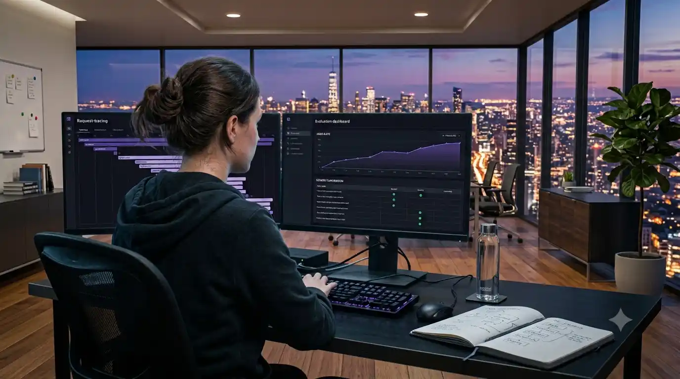 An engineer seen from behind at a dual-monitor desk overlooking a city at dusk, with a request-tracing waterfall on one screen and an evaluation dashboard showing a rising pass rate and green passing checks on the other.