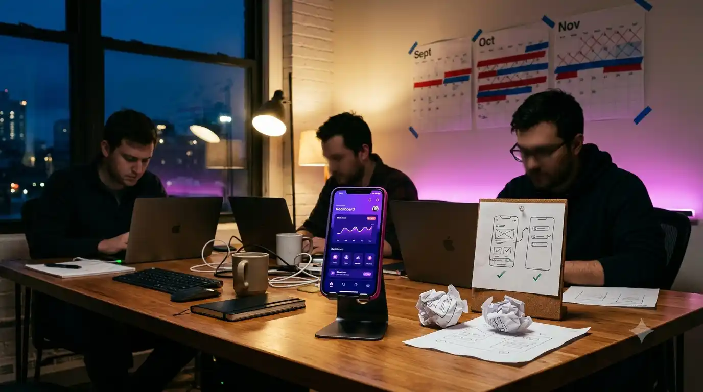 Three founders working late at a shared table, with a phone in a stand running a finished app dashboard, discarded paper wireframes crumpled beside an approved sketch, and three months of calendars taped to the wall behind them.