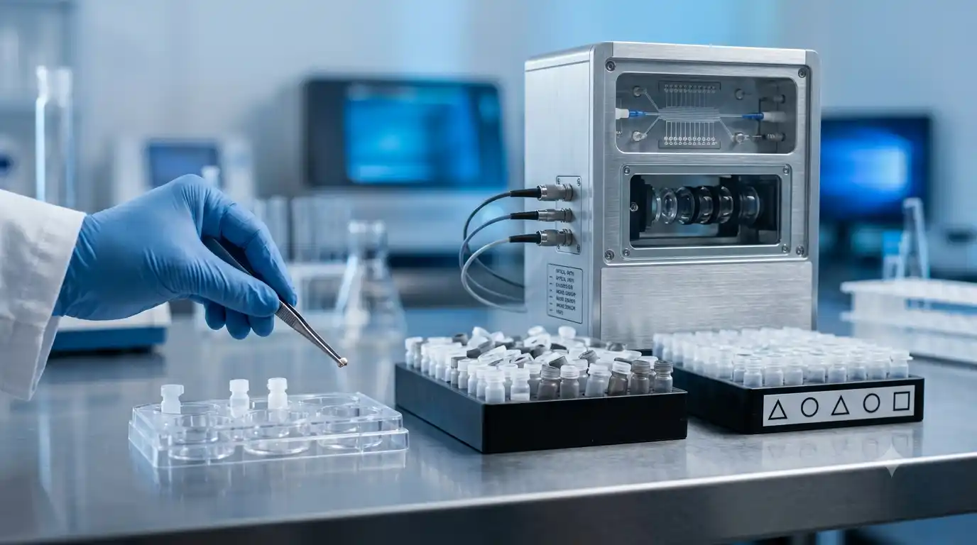 A gloved hand using tweezers to place a single sample into a nearly empty tray, next to two densely filled sample racks and a laboratory instrument, in a cool blue-lit lab.