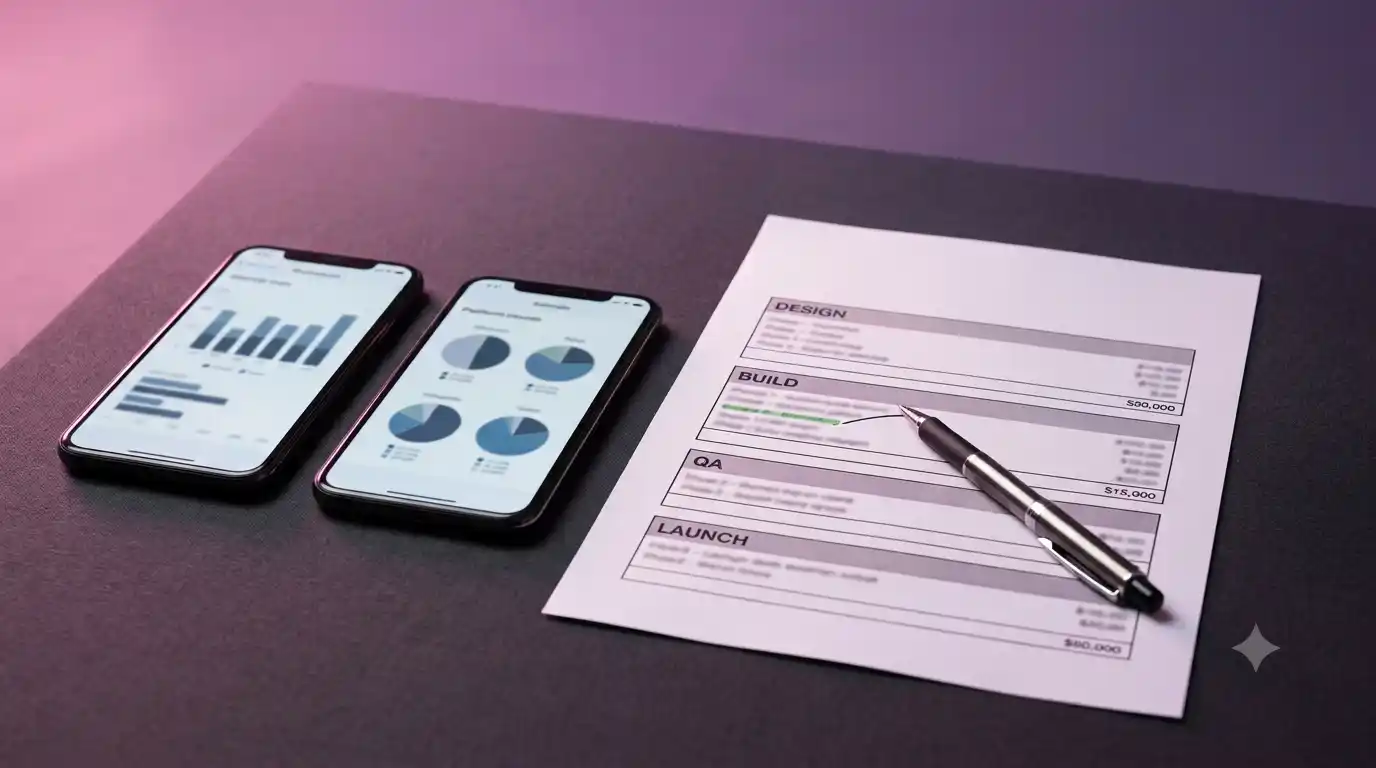 Two smartphones showing app analytics screens beside a printed cost estimate broken into labelled Design, Build, QA and Launch bands, with a pen annotating one line, lit against a pink and purple backdrop.