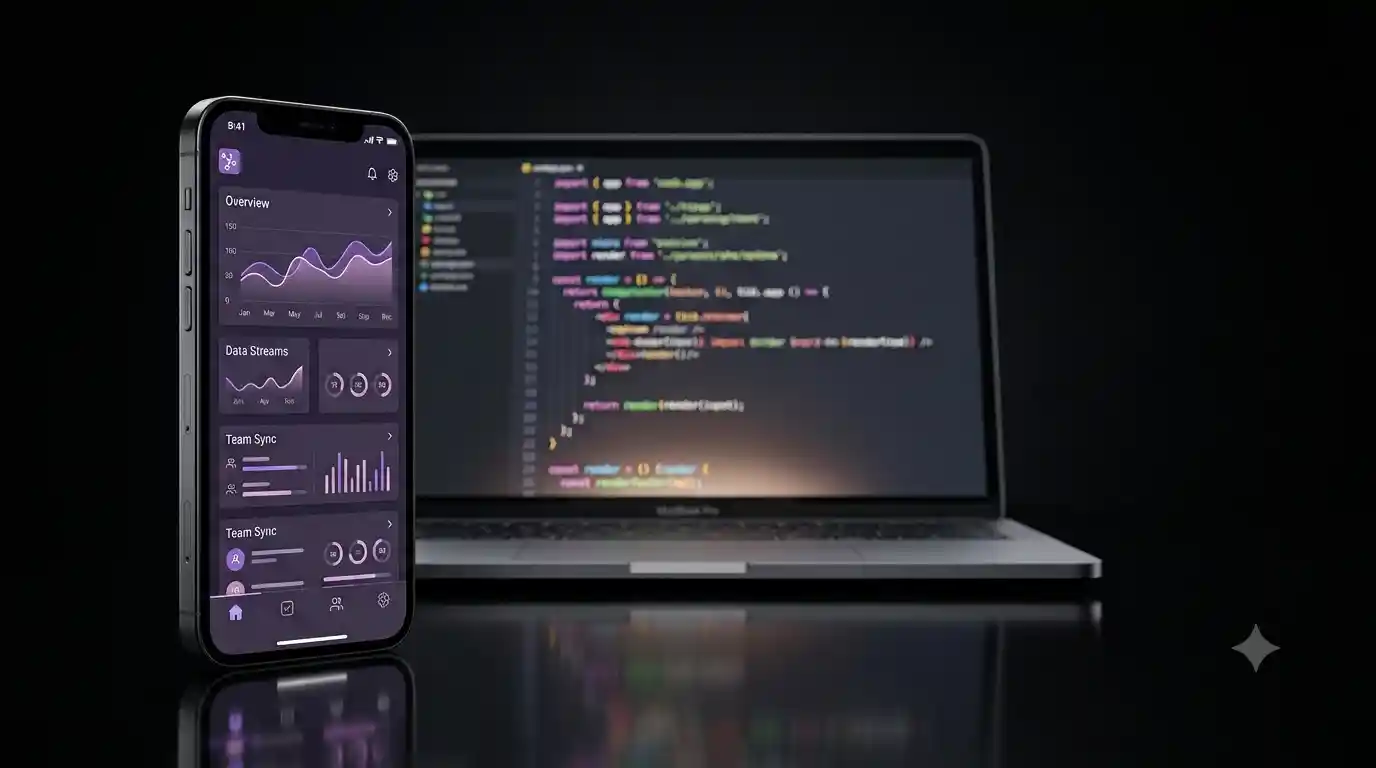 A smartphone running a polished app interface standing in front of an open laptop displaying the underlying source code, shot against a black reflective background.