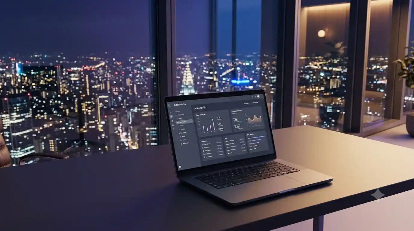 A laptop open on a dark desk in a high-rise office at night, displaying an ERP analytics dashboard with summary tiles, charts and a data table, with a city skyline through the window behind it.