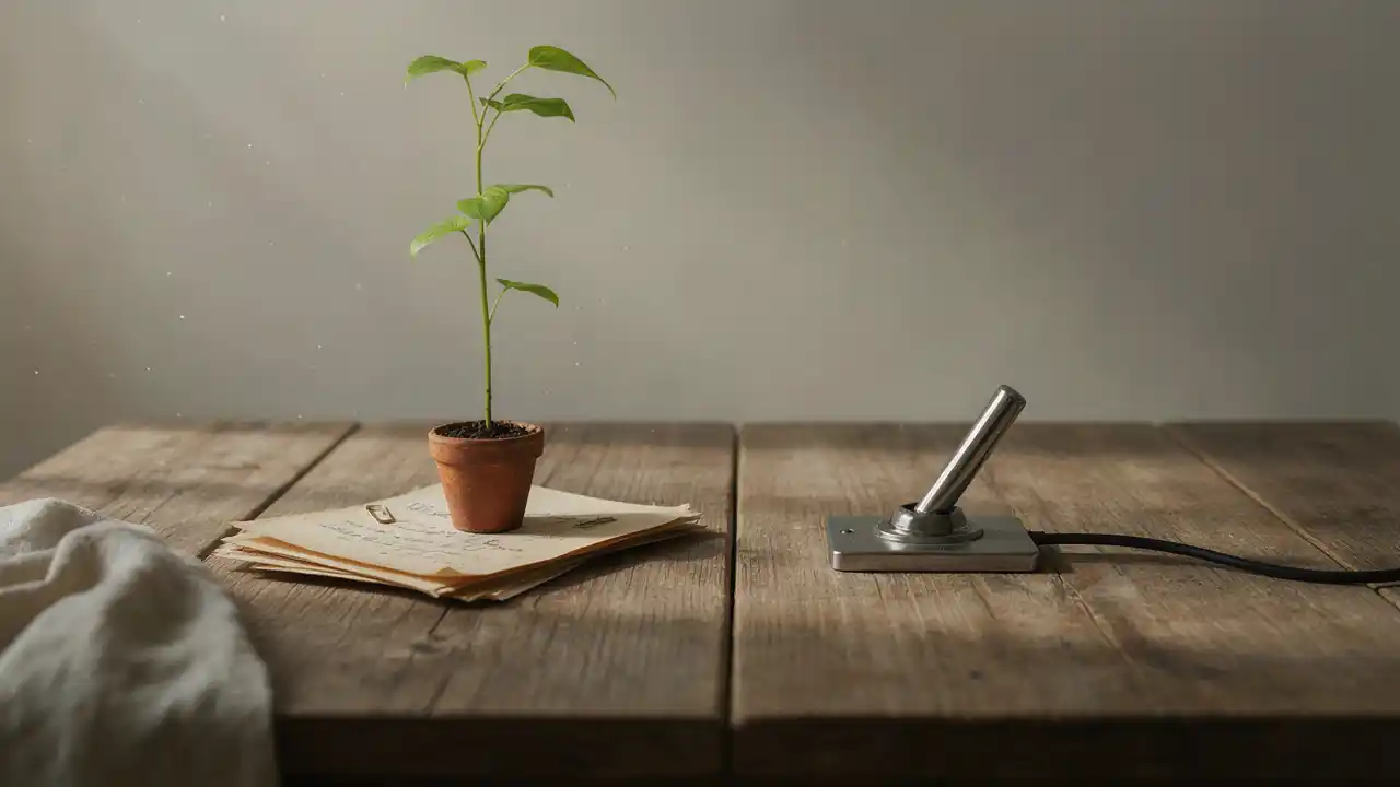 A split still-life contrasting two marketing investments: a growing sapling and stacked documents on one side, a brushed-metal switch under a sharp beam of light on the other.