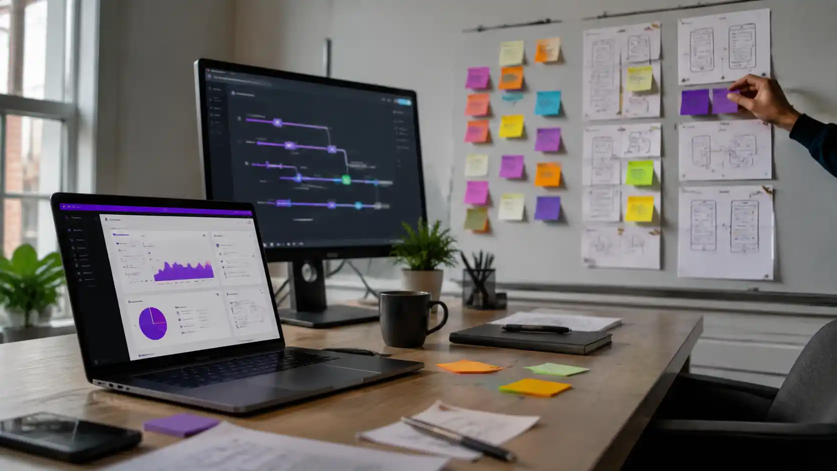 A product team's desk mid-sprint: a laptop showing a SaaS dashboard beside a wall of sticky notes progressing from rough sketches to finished UI cards, lit by soft daylight.