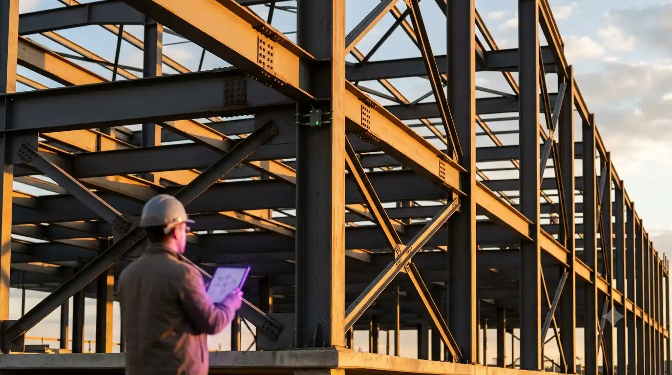 The steel frame of a large building at golden hour, its repeating bays and cross-bracing receding into the distance, with a hard-hatted engineer in the foreground holding a tablet showing a node-and-edge system diagram.