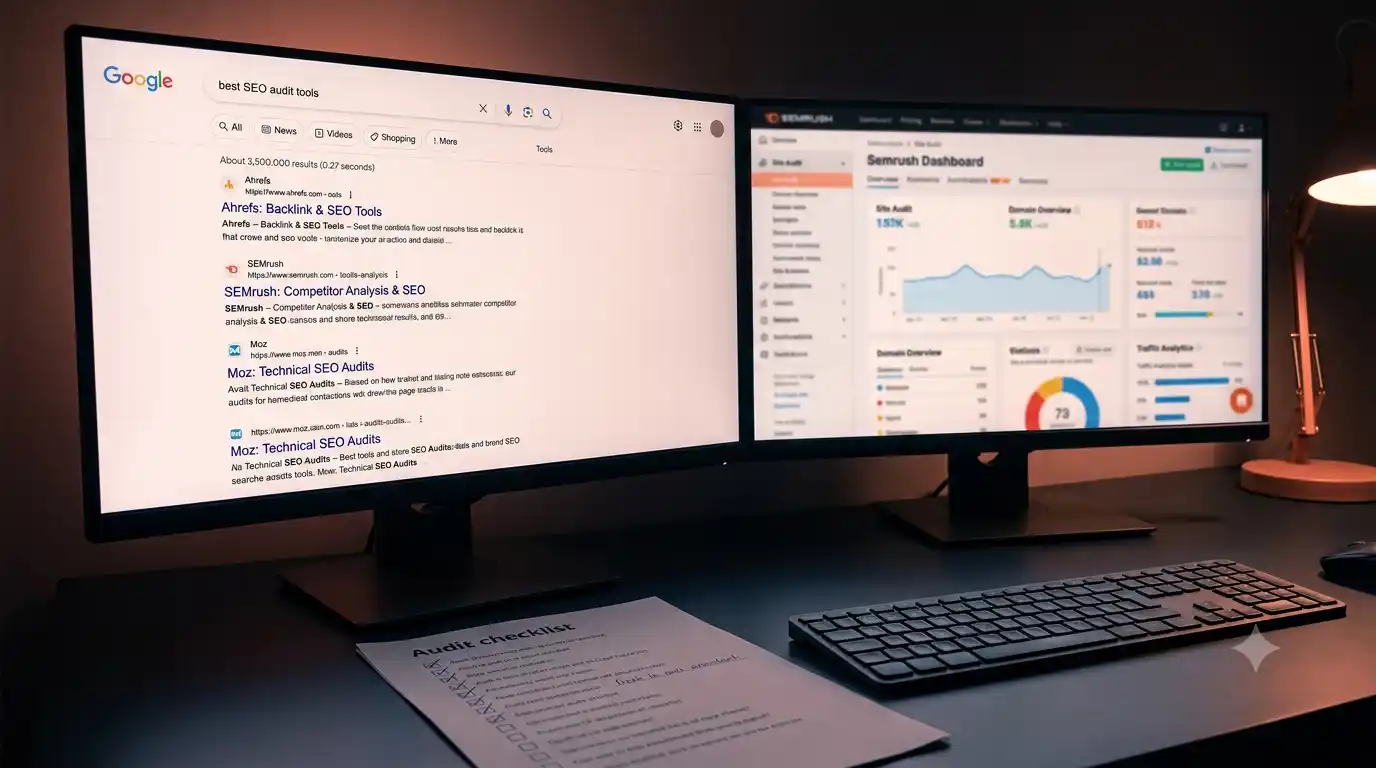 A dual-monitor desk in a dim room showing a search results page on the left and an SEO site-audit dashboard with traffic charts and a health score on the right, with a printed audit checklist lying in front of the keyboard.