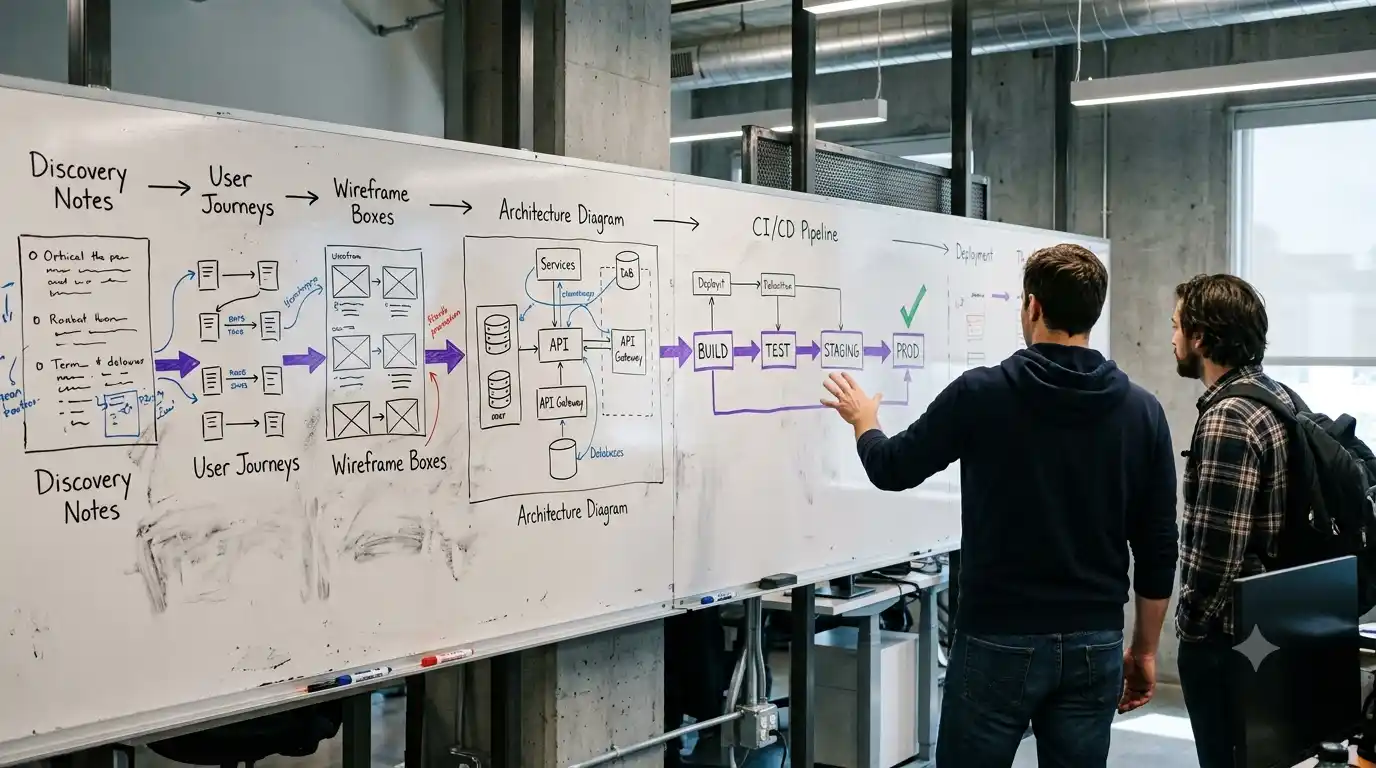 A studio whiteboard mapping the custom software process left to right, from discovery notes and wireframes through an architecture diagram to a final launch step.